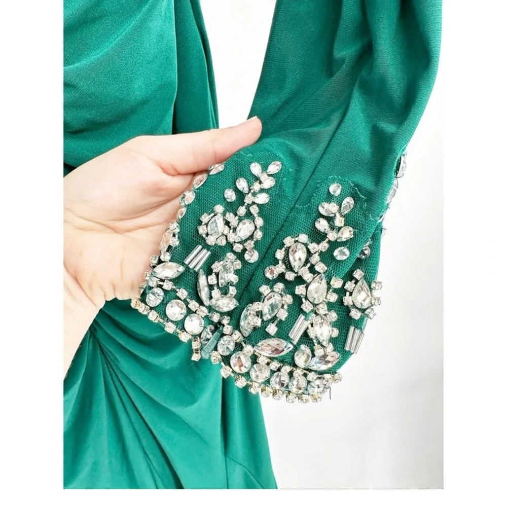 Mac Duggal 12231 Emerald Green Beaded Cuff Drop Shoulder Faux Wrap Gown 8 - Picture 3 of 5